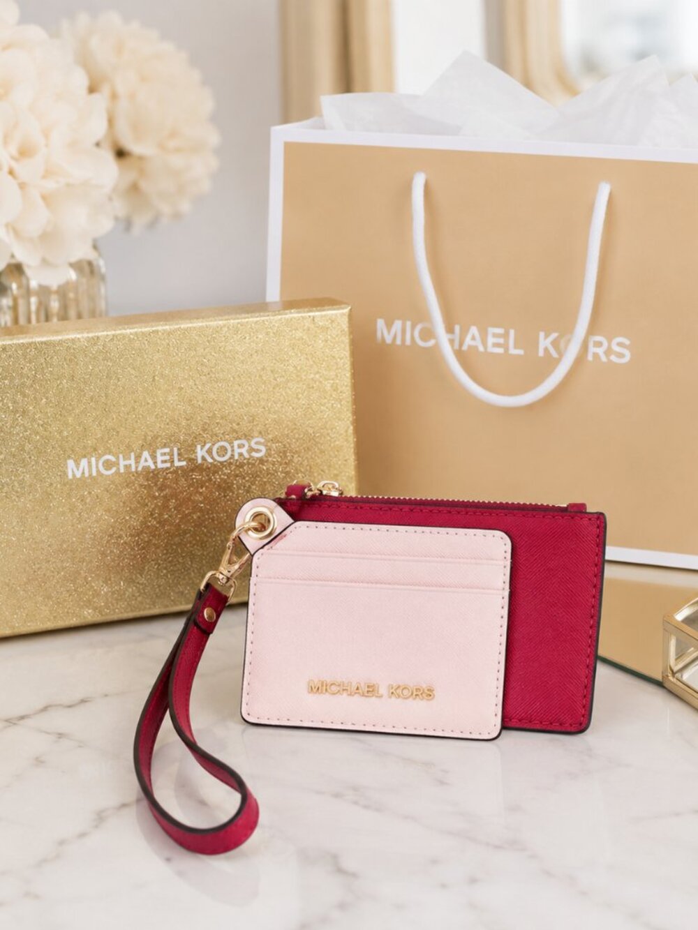 Michael Kors Saffiano Card Case Duo Wristlet Zip Wallet NWT